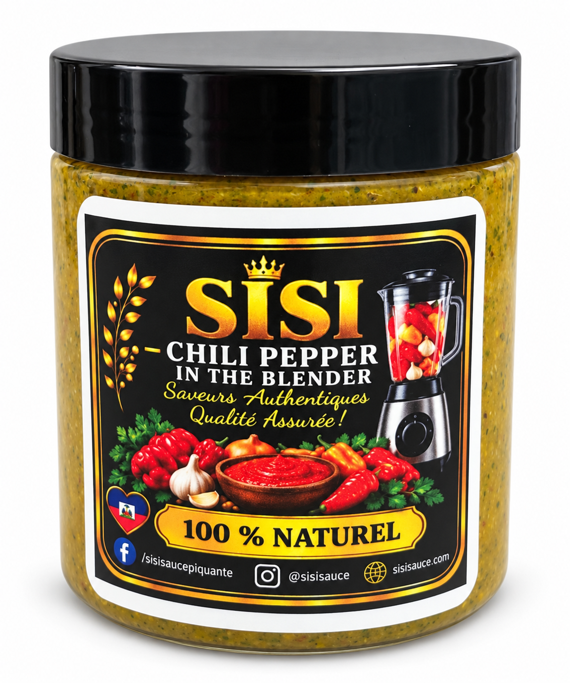 16 oz Sisi Chili Pepper in the Blender jar with original black and gold label