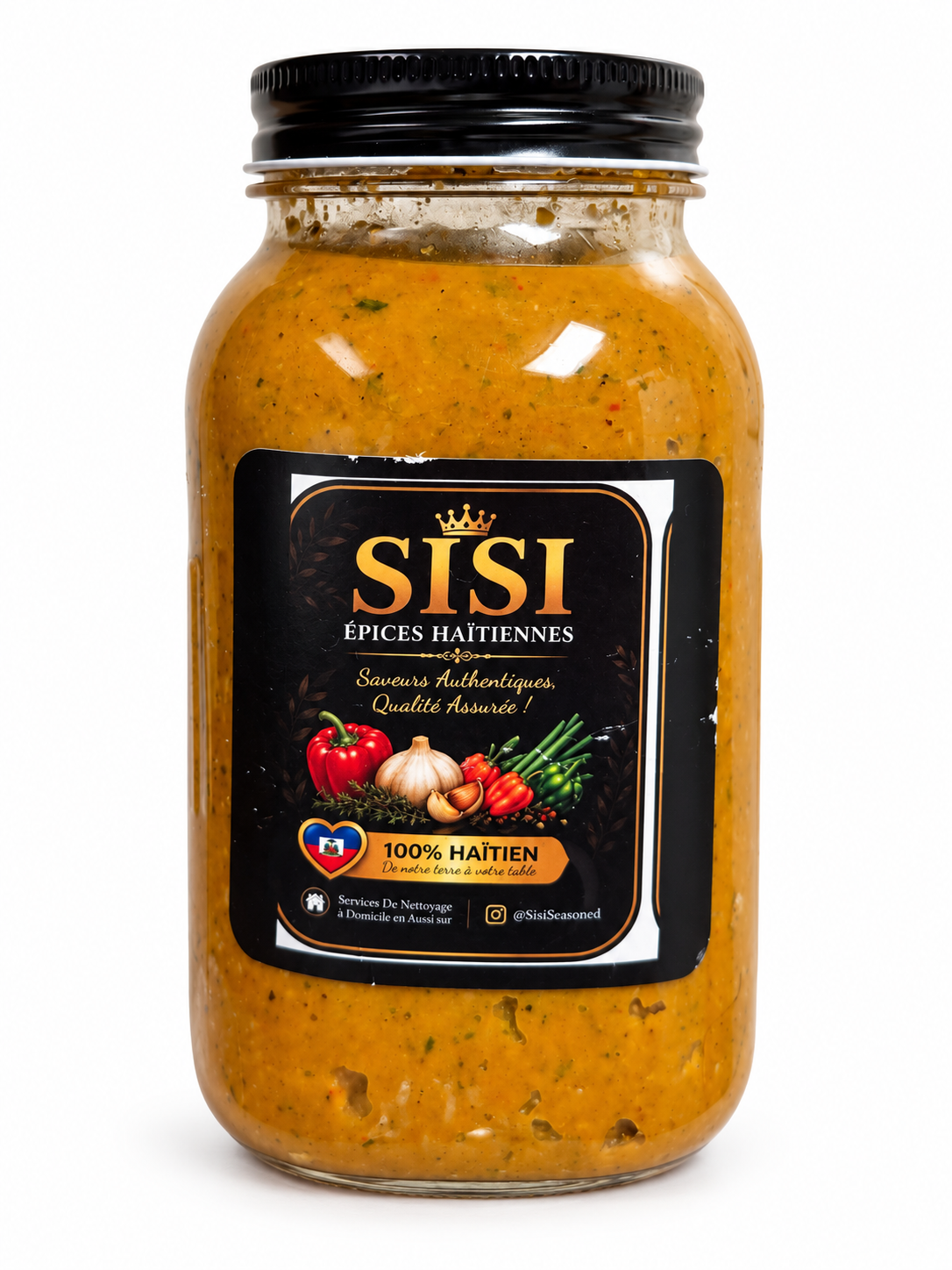 Sisi Haitian epis seasoning in its original glass jar with black lid and SISI label